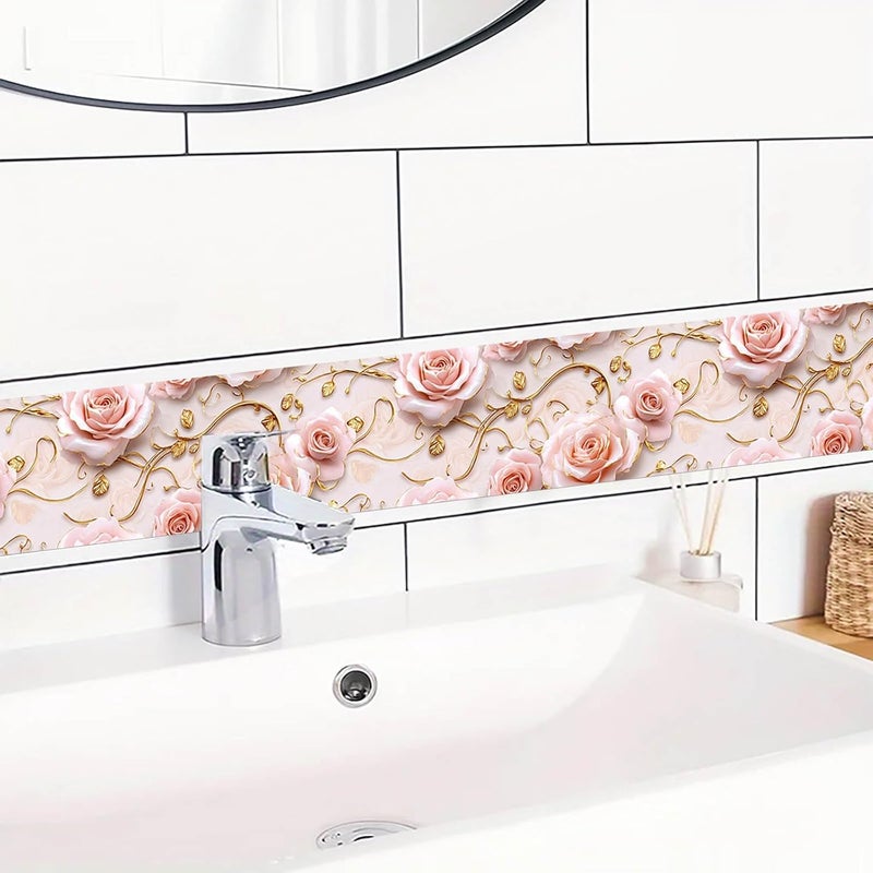 IVN Wallpaper Border Peel and Stick Wall Accent 4x196 Inch PVC Pink Gold Rose Vine Pattern Self Adhesive Decorative Wall Trim for Living Room Bedroom Hallway Elegant Romantic Style - Image 5